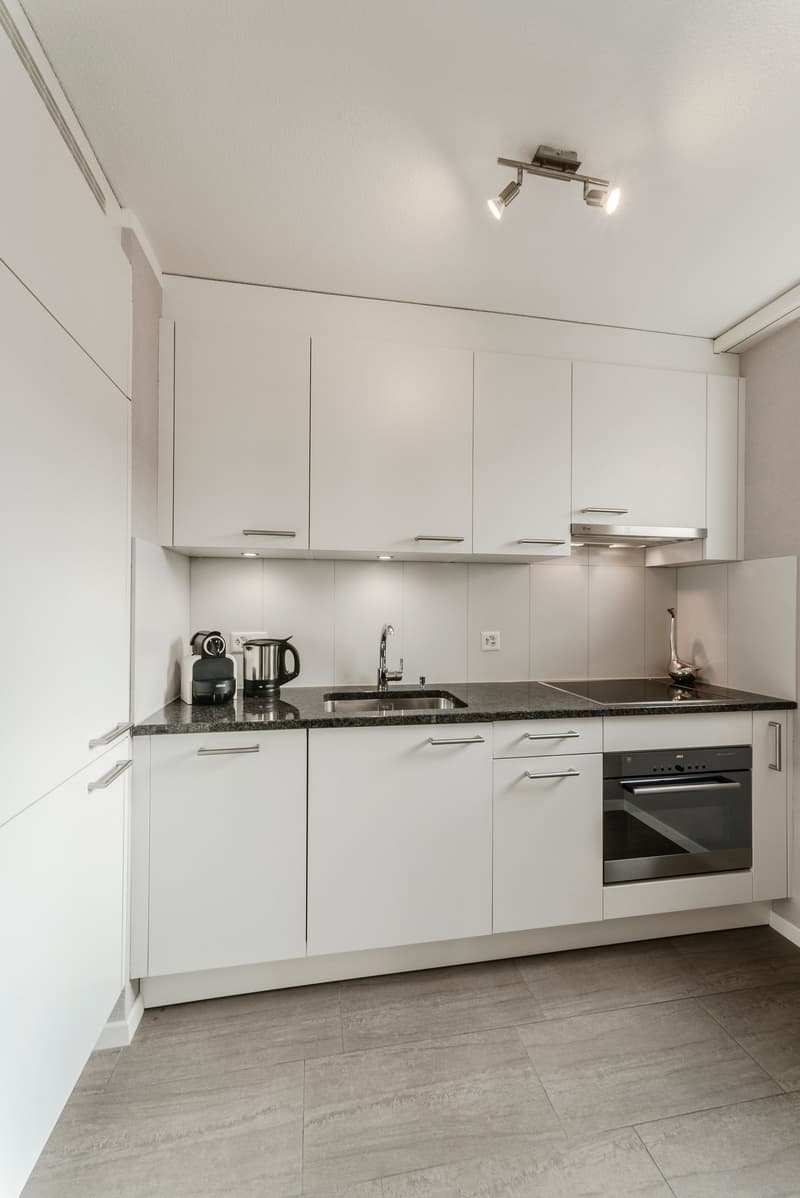 Modern, minimalist kitchen with white cabinets, black granite countertops, built-in oven, and a dishwasher visible on the counter.