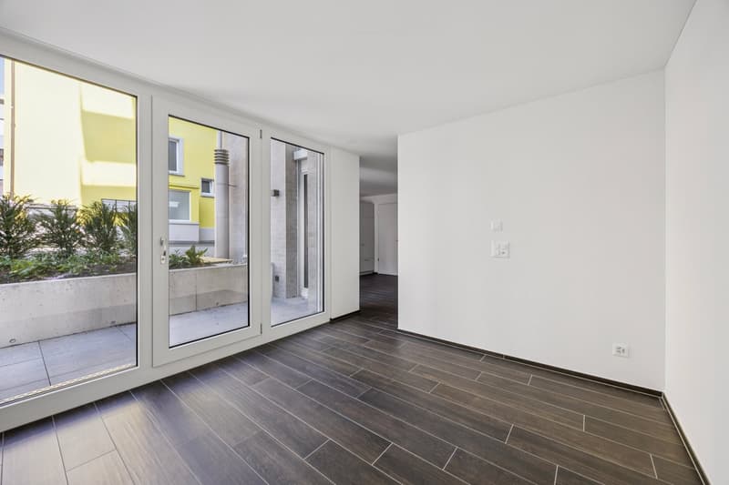 modern design, white walls, sliding glass doors, brown tiles, large windows