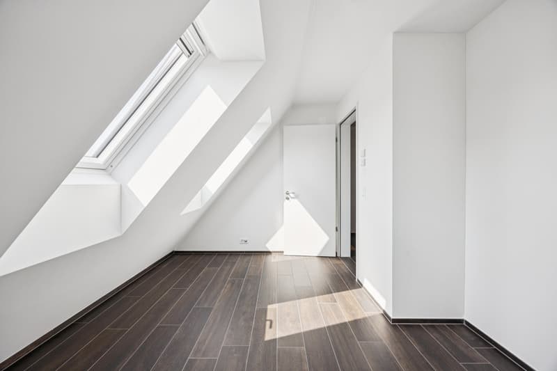 white walls, wooden floor, slanted ceiling, skylight window, open door