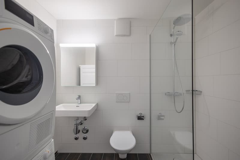 modern bathroom, white tiled walls, white ceramic sink, glass shower enclosure, white toilet, built-in washing machine, faucet