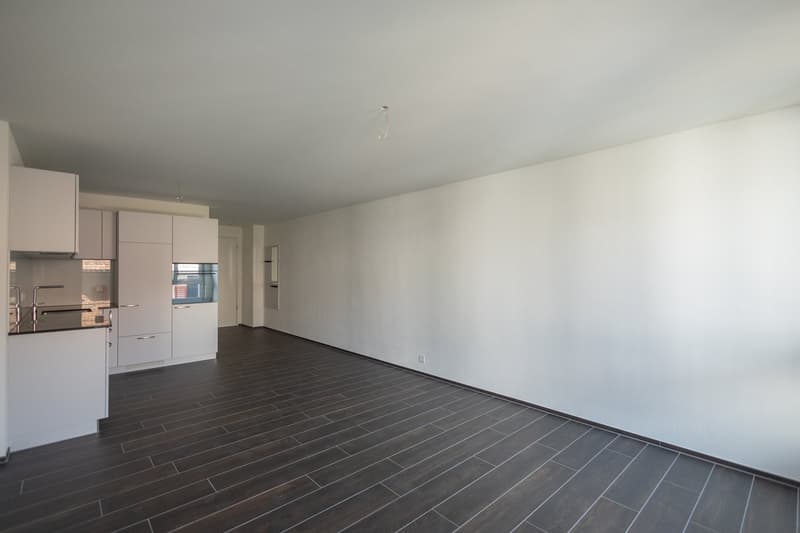 Modern kitchen, white cabinets, tiled floors, stainless steel sink and faucet, dishwasher and washing machine area