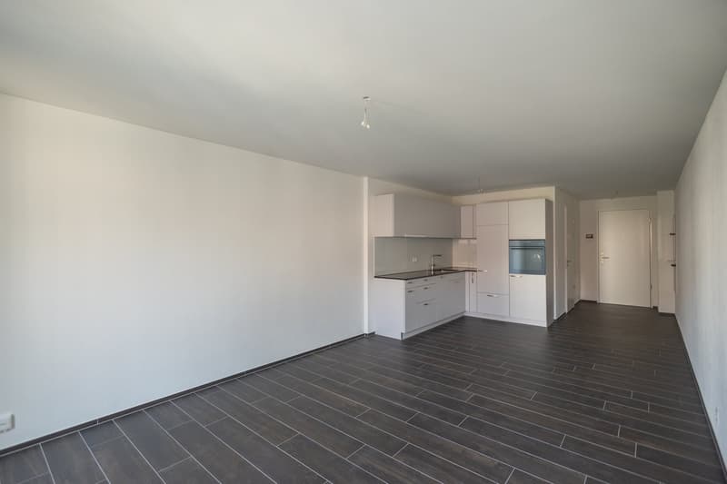 Empty room with white walls and wooden flooring, modern kitchen with kitchen island, integrated appliances, under cabinet lighting, modern ceiling lamps.