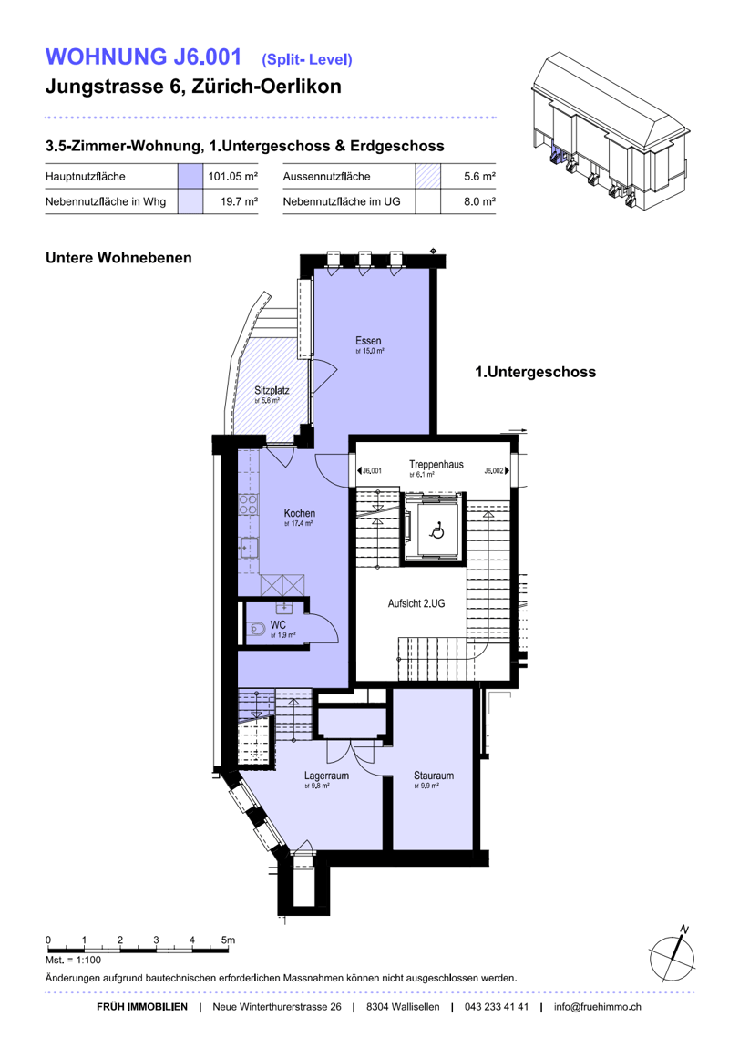 3.5 room apartment, 1st floor and ground floor, including entrance hall, kitchen, WC, living room, bedroom and storage room.