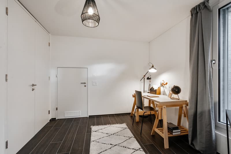 Minimalist room with a desk, lamp, chair, rug, and storage.
