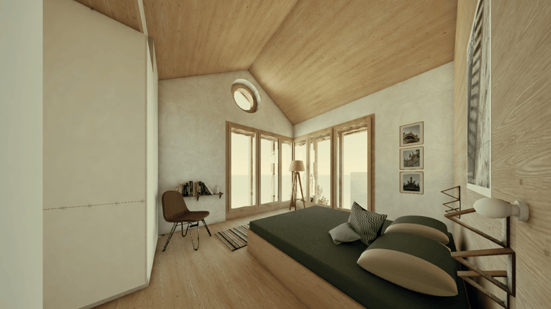 Spacious bedroom with vaulted wooden ceiling, large windows providing natural light, wooden flooring, a comfortable bed with decorative pillows, a chair, and wall art.