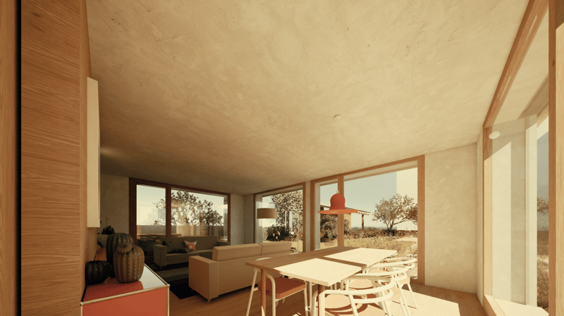 Open-concept living room and dining area with large windows overlooking a balcony or terrace, wooden floors, neutral-colored furniture, and a red accent piece.
