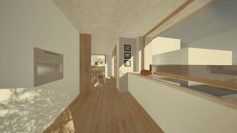 Open concept kitchen with wooden floors, white walls, built-in appliances, and a modern kitchen counter with a dishwasher visible.