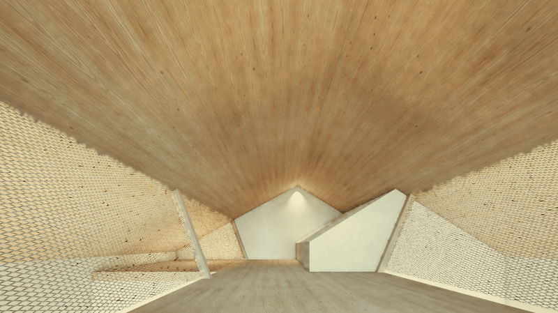 The image shows the interior of a building with a wooden ceiling and walls, and a staircase leading up to a higher level. The floor appears to be made of a light-colored material, possibly wood or tile. The overall aesthetic is minimalist and modern, with