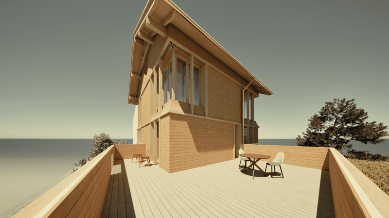 2-story wooden house with a large deck overlooking a body of water, surrounded by trees