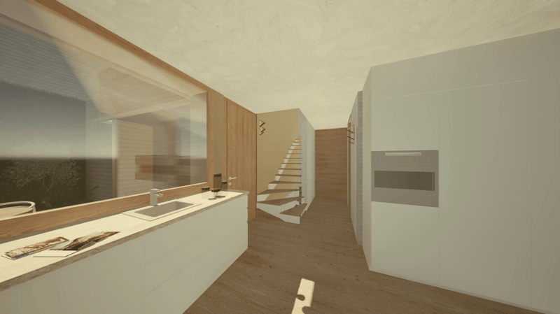 Open-concept kitchen and living area with wooden floors, white cabinets, and a spiral staircase leading to an upper level. The kitchen features a dishwasher and a minimalist design.