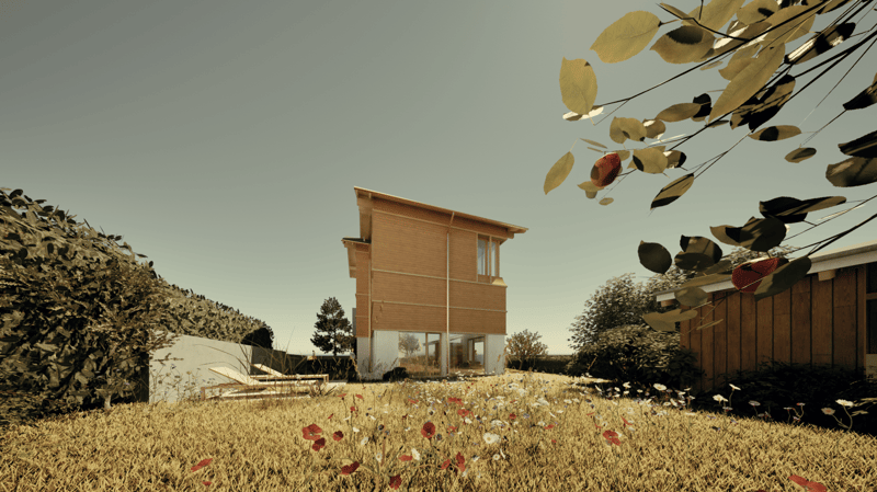 Two-story wooden house with large windows, surrounded by a field of wildflowers and trees. The house appears to be situated in a rural or natural setting with a scenic view.