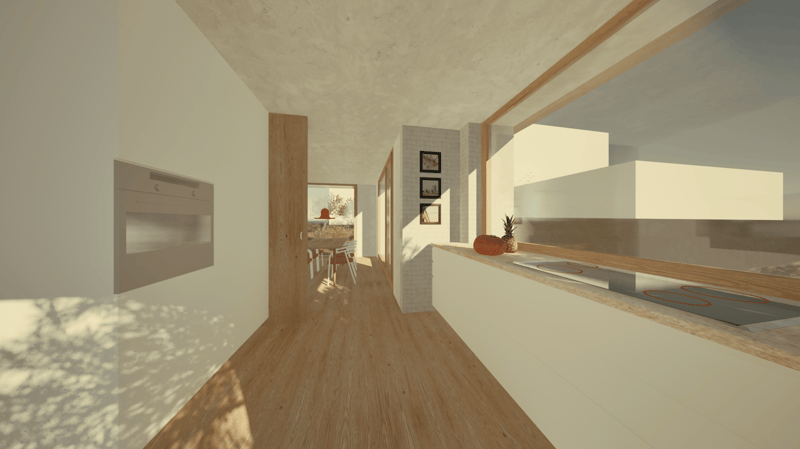 Open concept kitchen with wooden floors, white walls, built-in appliances, and a modern kitchen counter with a dishwasher visible.