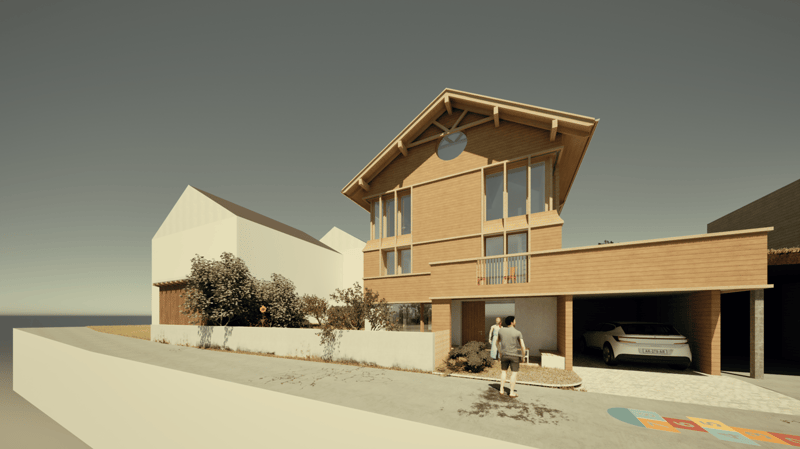 Two-story modern wooden house with a slanted roof, large windows, and a balcony. There is a garage attached to the house and landscaping around the property.