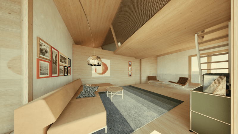 Spacious living room with wooden walls and ceiling, modern furniture including a sofa and chairs, a coffee table, and a fireplace. The room is decorated with framed artwork on the walls.
