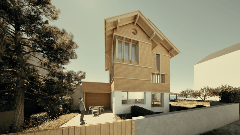 2-story wooden house with a balcony, large windows, and a patio area with outdoor furniture