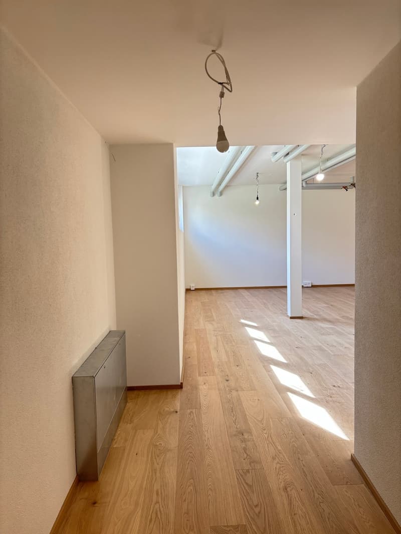 Empty room with wooden floor, white walls, metal radiator, ceiling lights