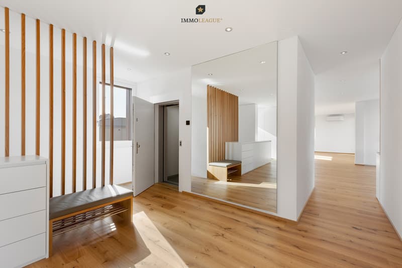 Der Lift führt direkt in die helle Attika-wohnung, die mit klaren Linien und Gespür für Raum und Design begeistert.