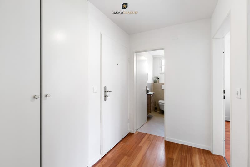 Heller Eingangsbereich mit praktischem Einbauschrank und hochwertigem Parkettboden.