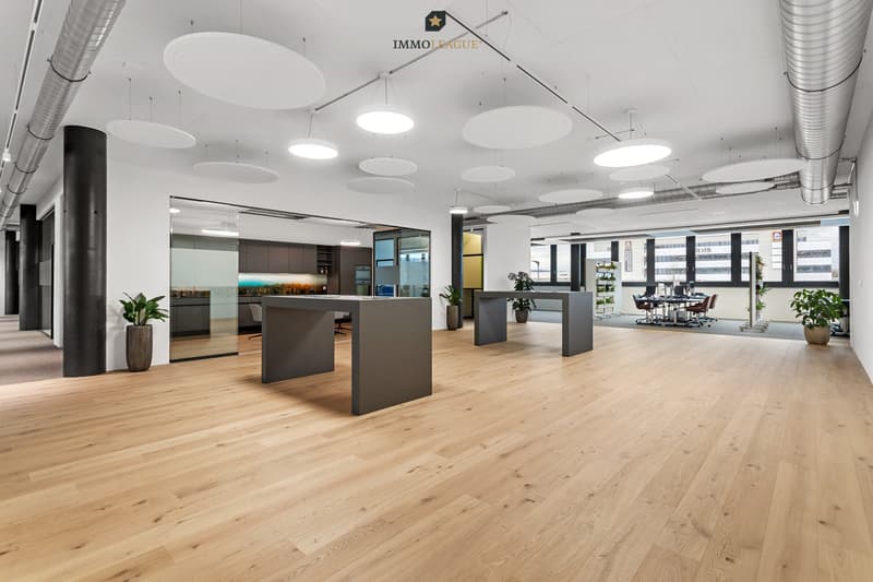Der weitläufige Gemeinschaftsbereich prägt mit offenen Übergängen und  klarer Architektur den repräsentativen Charakter der Büroetage.