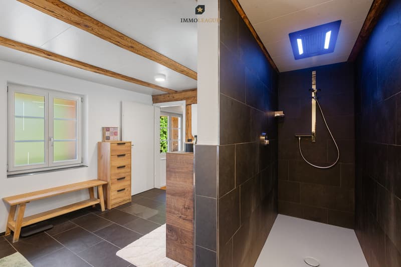 Grosszügige, komplett modern sanierte Bäder mit stilvoller Beleuchtung, komfortablen Badewannen, grossen Walk-in-Duschen und WCs - eine perfekte Kombination aus Eleganz, Komfort und modernem Wohng