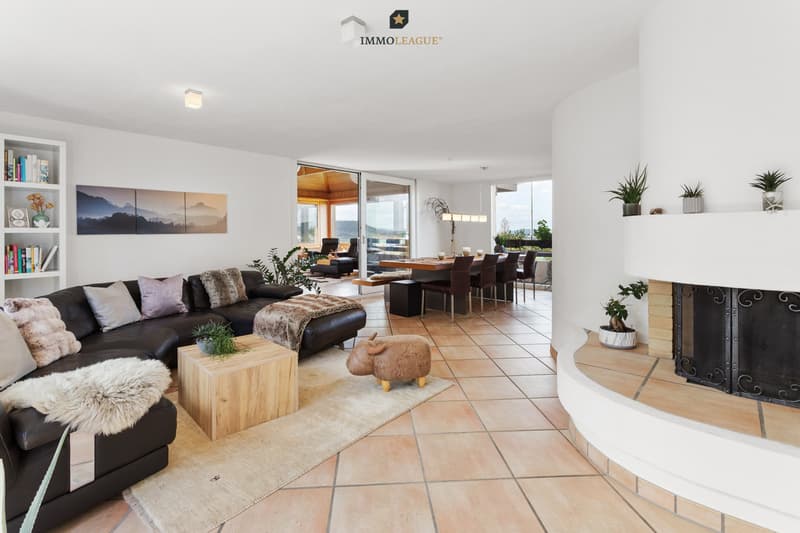 Hell und einladend, mit Cheminée und direktem Zugang zur Terrasse: Dieser Wohnraum überzeugt durch seine offene, warme Ausstrahlung.