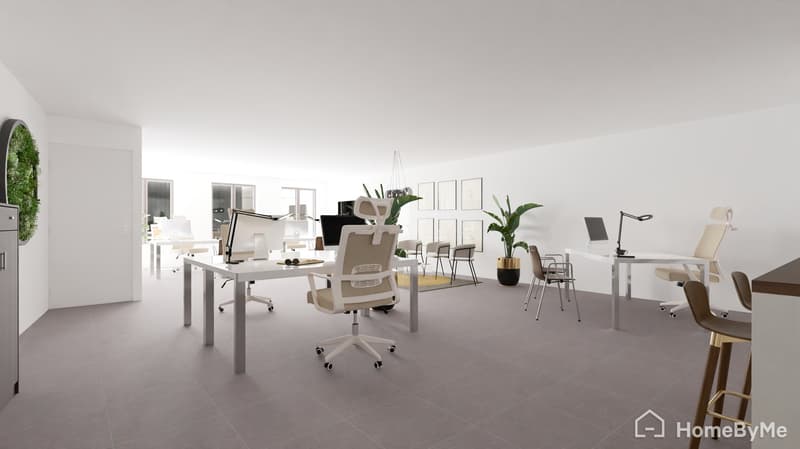 Contemporary office space with white walls, gray tiles, white desks, office chairs, and plants. Several computer monitors and lamps on desks. Bright lighting throughout the space.