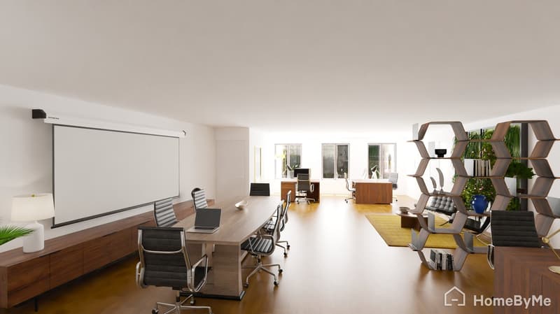 modern office room, wooden desk, chairs, lamp, projector screen