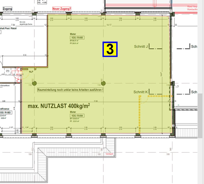 The image shows a floor plan with several rooms and spaces. There are two spaces labeled as 'Mieter' (Tenant) with room numbers 10G/R-005 and 10G/R-004. The plan also indicates a maximum load capacity of 400 kg/m2. Additionally, there is a parking space v