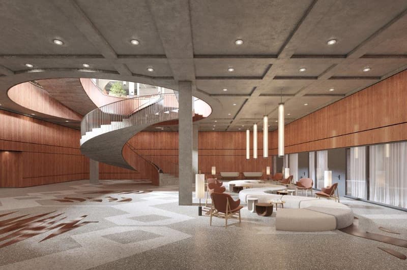 open-plan lobby with spiral staircase, wooden walls, beige flooring, modern furniture, decorative lighting, white curtained windows