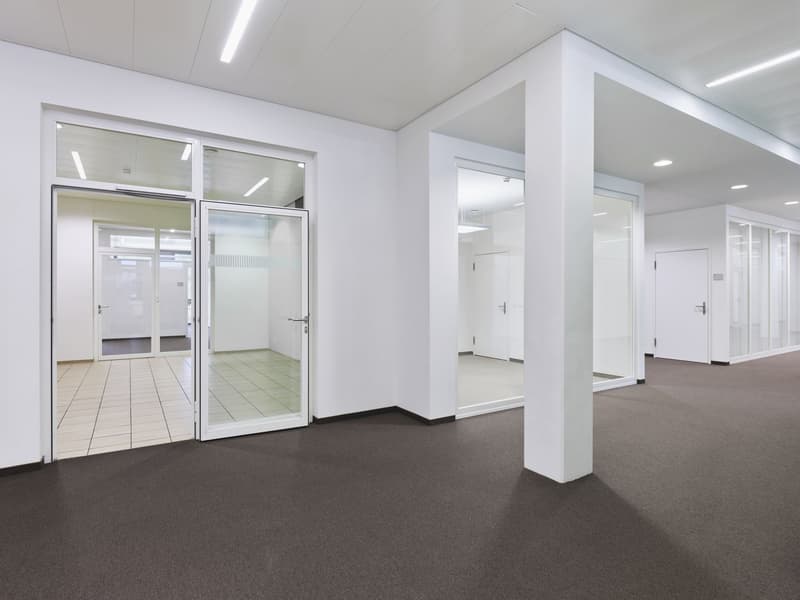The image shows a modern, open office space with white walls, glass doors, and a tiled floor. The space appears to be well-lit with recessed lighting. There are several doorways leading to other areas of the office.