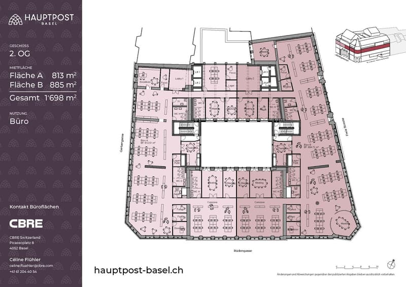 The image shows the floor plan of the Hauptpost building in Basel, Switzerland. It consists of two main areas, labeled 'Fläche A' (813 m²) and 'Fläche B' (885 m²), with a total area of 1,698 m². The building is divided into various rooms, including office