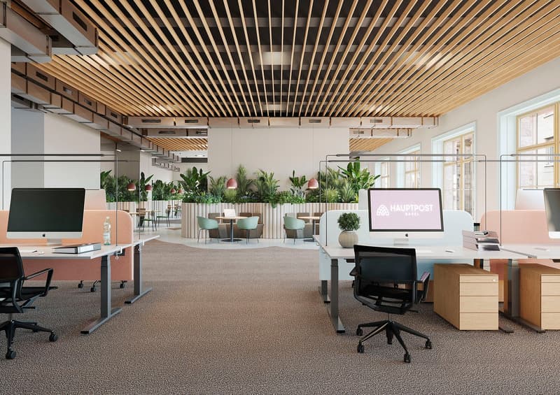 Open office layout with wooden slat ceiling, large windows, desks with computers, and a lounge area with plants and chairs