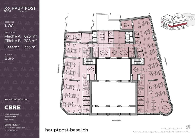 The floor plan shows a large office space with multiple rooms, including a lobby, conference rooms, and individual offices. The total area is 1,333 square meters, divided into two sections (A and B) of 625 and 708 square meters respectively. The plan also
