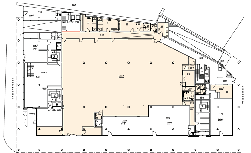 The image shows a detailed floor plan of a building. It includes a large open space, several rooms labeled as lounges, bedrooms, and other spaces. The layout suggests this is a commercial or institutional building rather than a residential one.