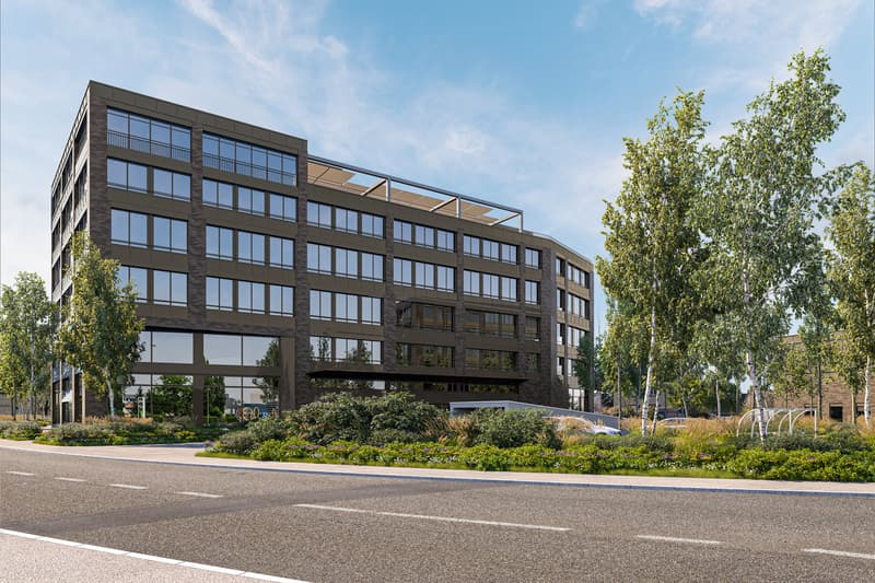5 story office building, glass windows, metal railings, rooftop terrace, surrounding greenery