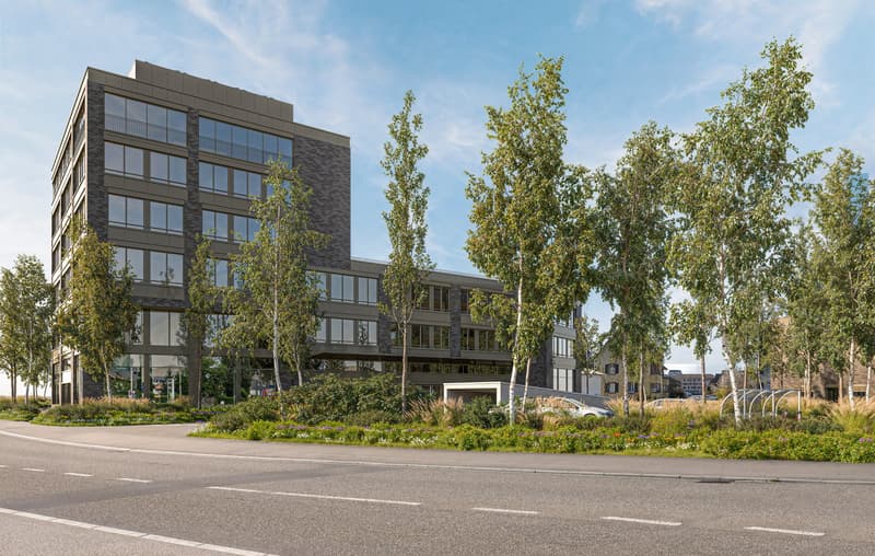 modern office building, multiple floors, glass windows, car parking area