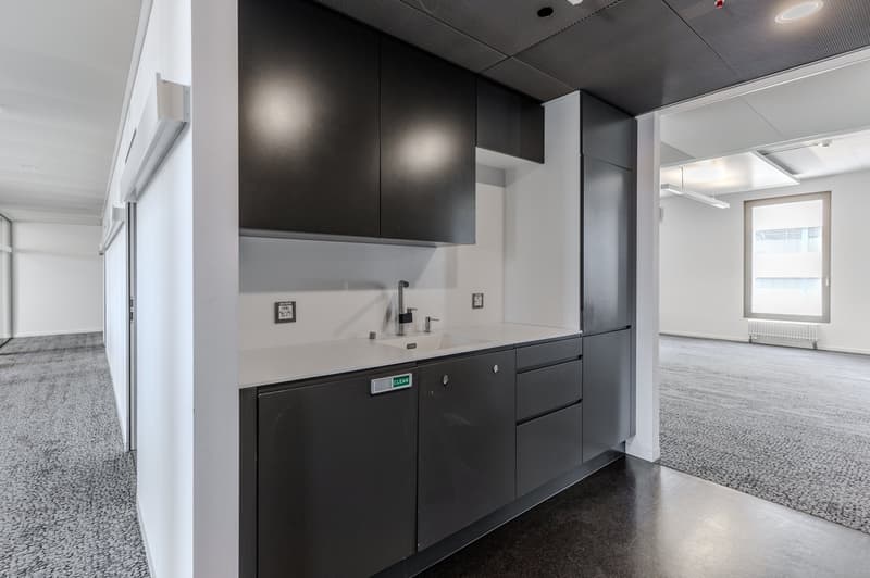empty room, white wall, black cabinets, white countertop, silver sink, modern design