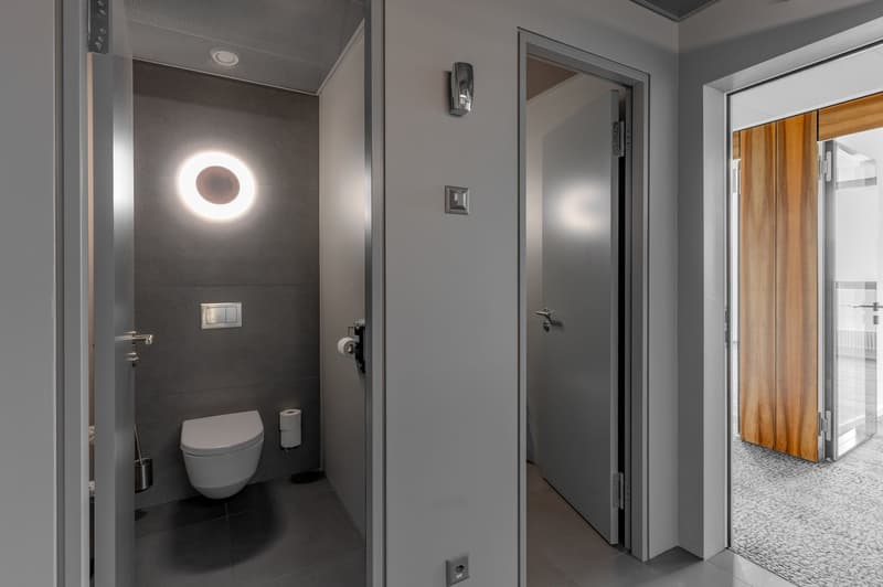 A small bathroom with gray tile walls, gray tiled floor, modern ceiling light, white toilet, wall-mounted switches, and open glass door.
