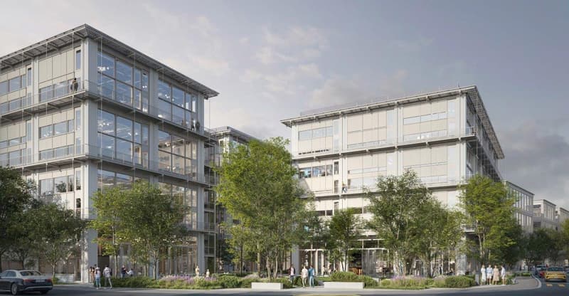 modern office building, multiple floors, glass windows, balconies, green trees, people walking