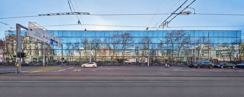 Modern building with glass facade, multiple floors, large windows, bicycles parked outside, cars driving on the road, traffic lights, street signs, trees, and overhead power lines.