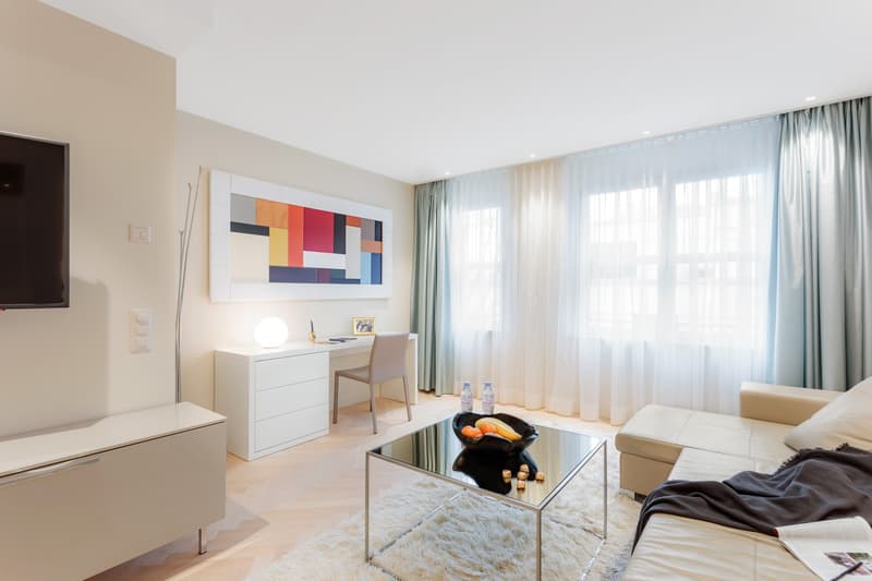 modern design, large windows, modern furniture, light walls, hardwood floor