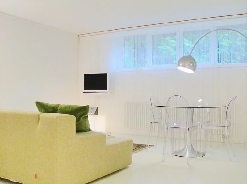 living room, sofa, coffee table, chairs, lamp, television, windows, rug