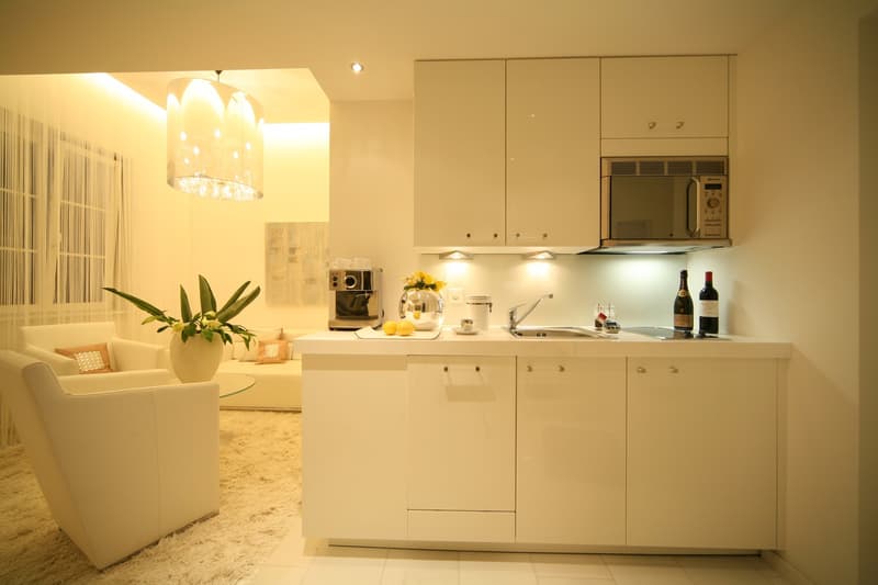 modern kitchen, granite countertops, stainless steel appliances, white cabinets, chandelier, microwave, coffee machine, flowers, bottles