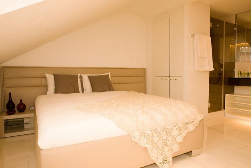spacious bedroom with beige upholstered bed, white bedding, two brown pillows, beige nightstand, large white wardrobes, and adjacent bathroom with walk-in shower and marble floor