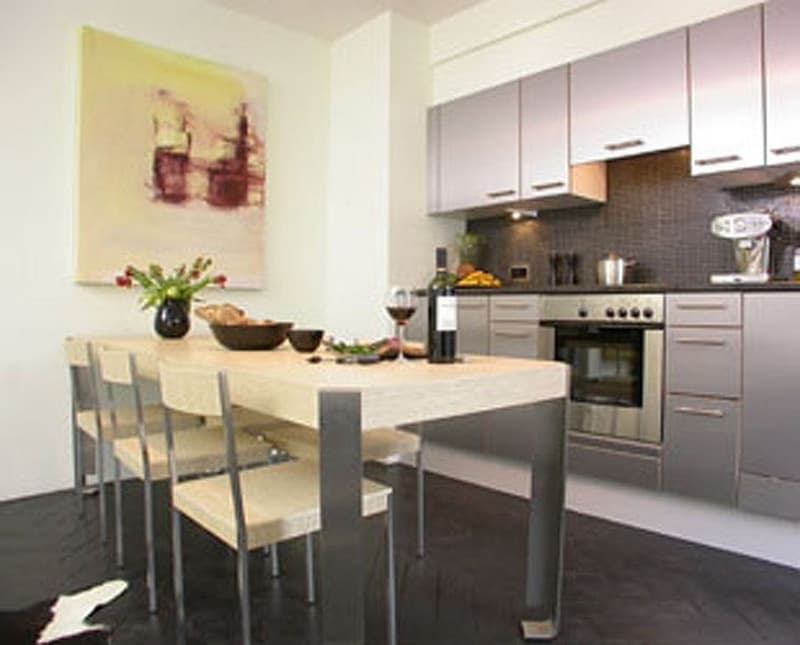 large dining table, chairs, kitchen island, stainless steel oven, modern kitchen