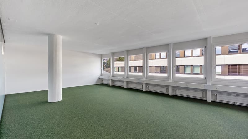 spacious room with carpeted floor, large windows, and white walls