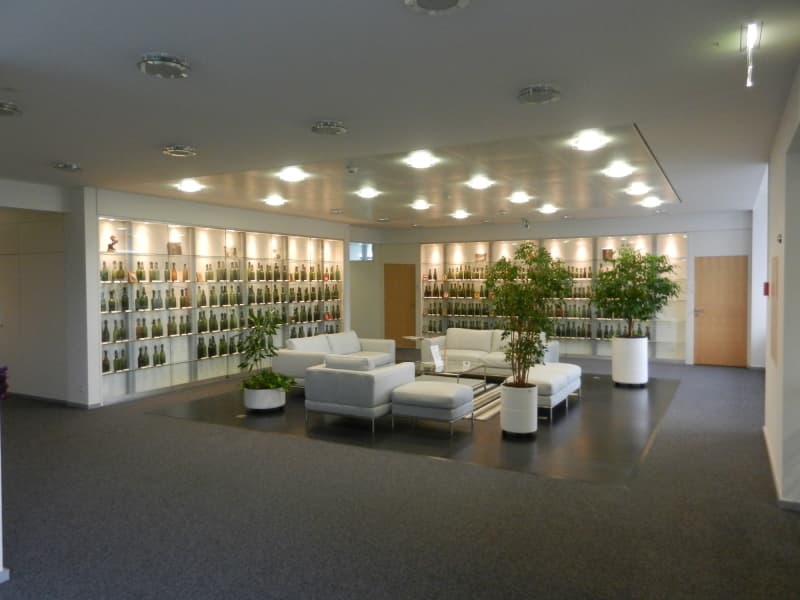 modern room with white couches, ottoman, coffee table, plants, shelves with bottles