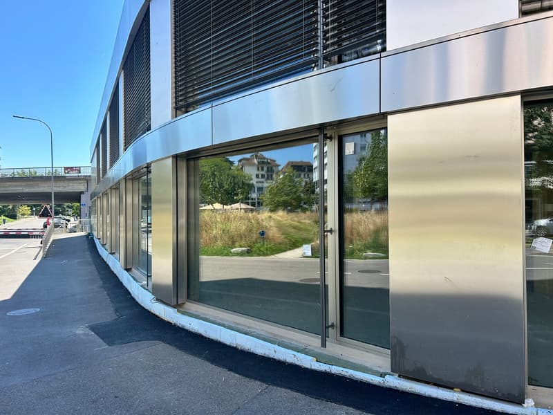 Modern glass and metal commercial building with curved facade, large windows overlooking a grassy area, and a paved walkway in front.