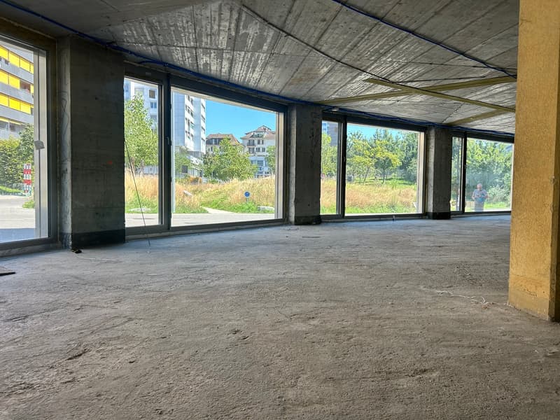 Large open space with concrete floor, exposed ceiling, and large windows overlooking a green outdoor area with trees and buildings in the background.