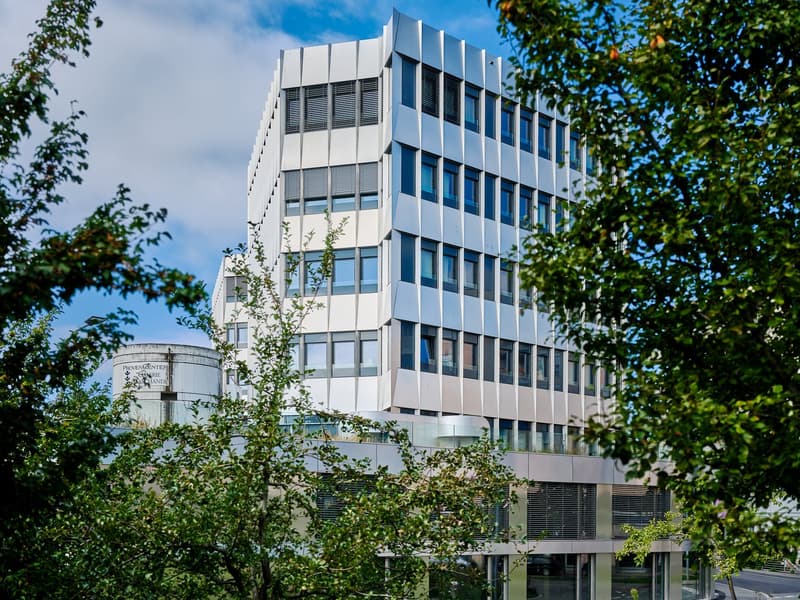 modern building, multiple floors, glass windows, grey and white color, surrounded by trees, reflective surface